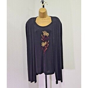 Vtg Black Embroidered 1 Piece Set 90s Womens 3X Plus Floral Jersey Office Career